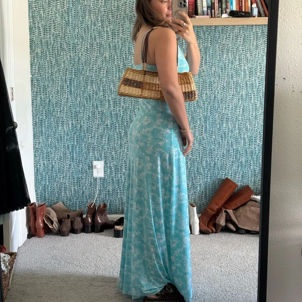 Michael Khors Light Blue Palm-Print Slip Maxi Dress